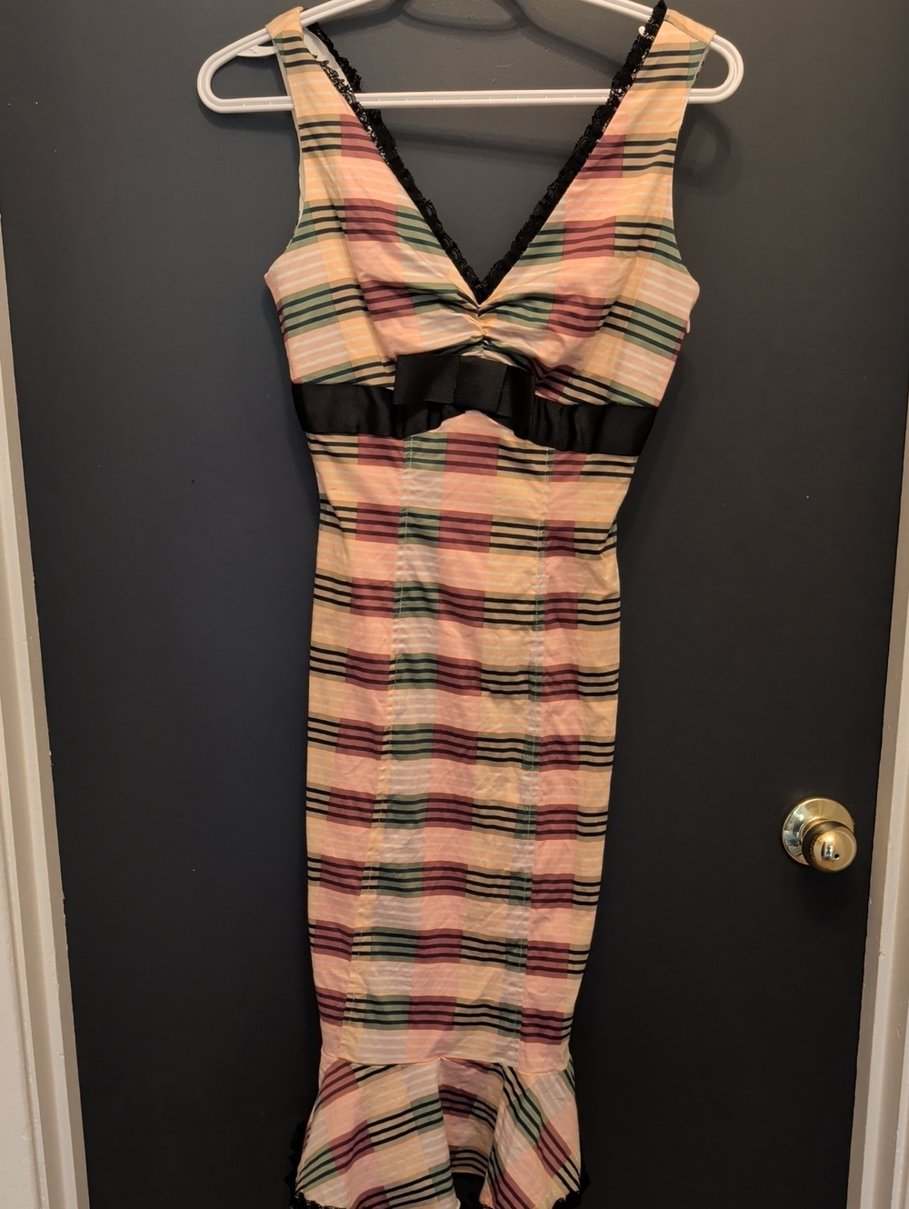 Betsey Johnson Pink Cream Green Plaid Midi Dress with Black Waist Bow